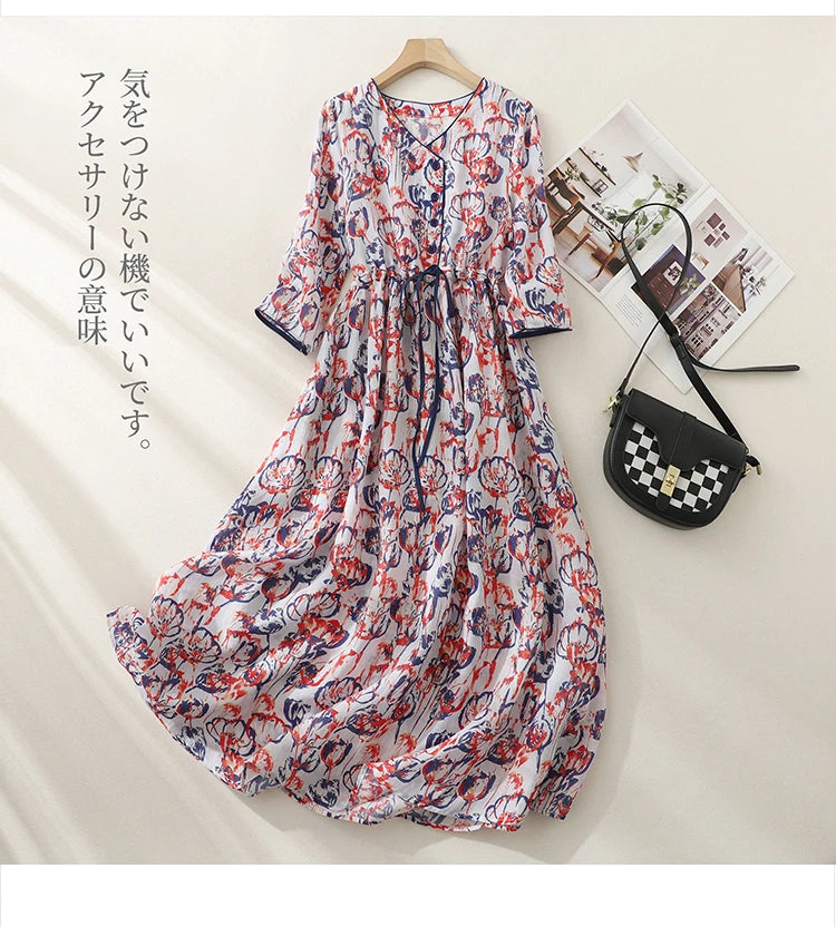 Vintage Single-breasted V-Neck Half Sleeve Women Dresses Literature Drawstring Pockets Ladies Long Dress Vestidos Para Mujer