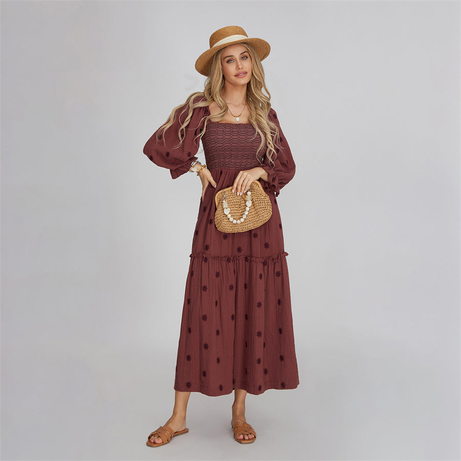 wsevypo Retro Embroidered Flowers Flowy Long Dress Women's Long Puff Sleeve Square Neck Smocked A-Line Dress for Beach Vacation