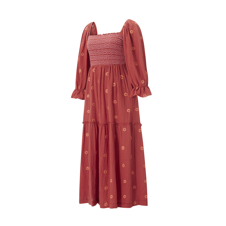 wsevypo Retro Embroidered Flowers Flowy Long Dress Women's Long Puff Sleeve Square Neck Smocked A-Line Dress for Beach Vacation