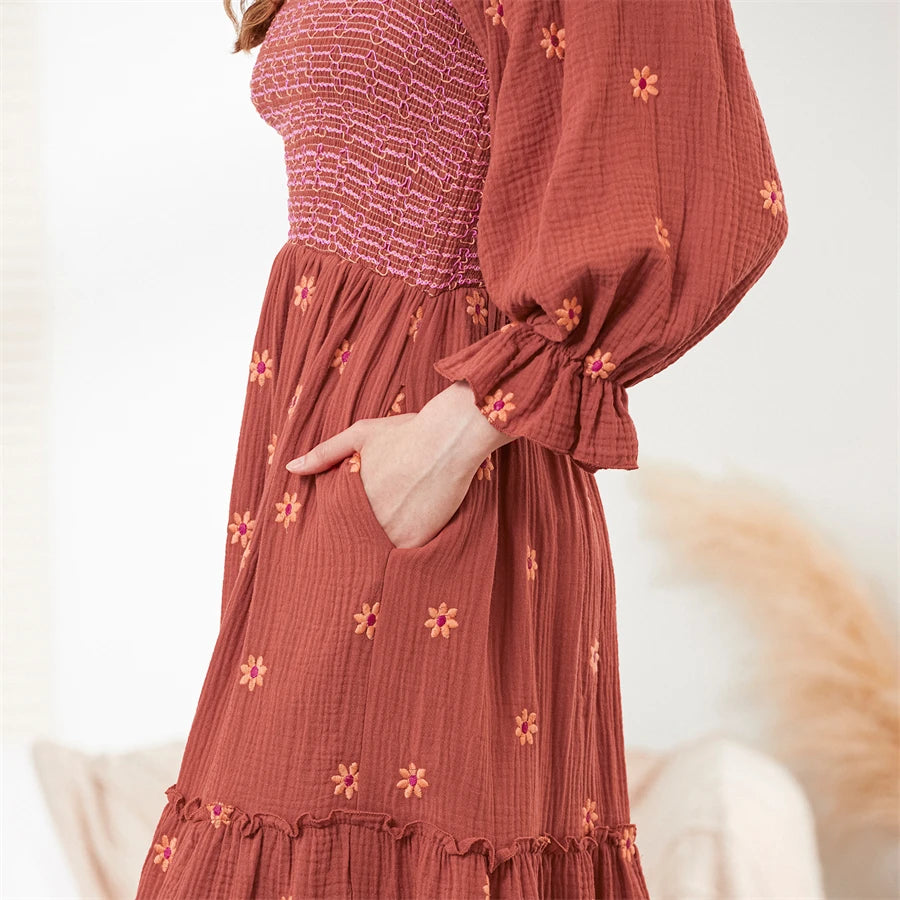 wsevypo Retro Embroidered Flowers Flowy Long Dress Women's Long Puff Sleeve Square Neck Smocked A-Line Dress for Beach Vacation