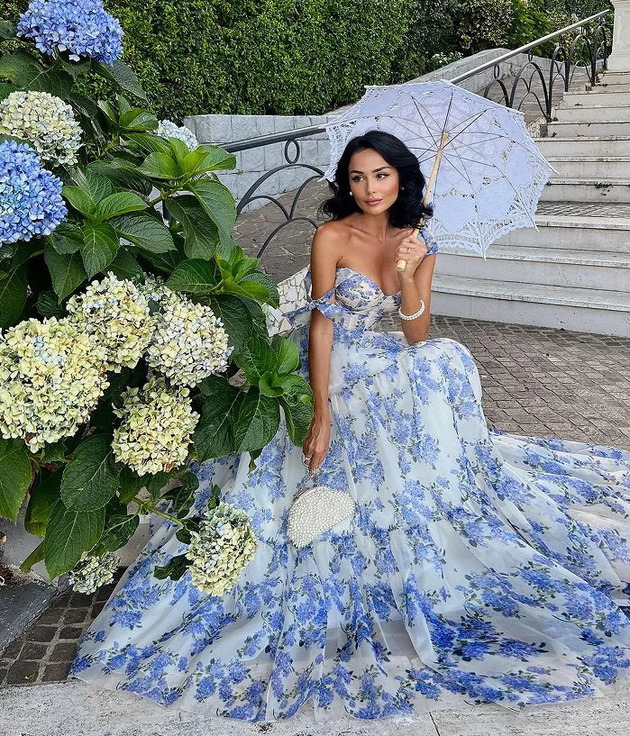 2025 Spring/Summer New European and American Off Shoulder Women's Fashion Organza Fairy Long Dress Elegant Evening Dress