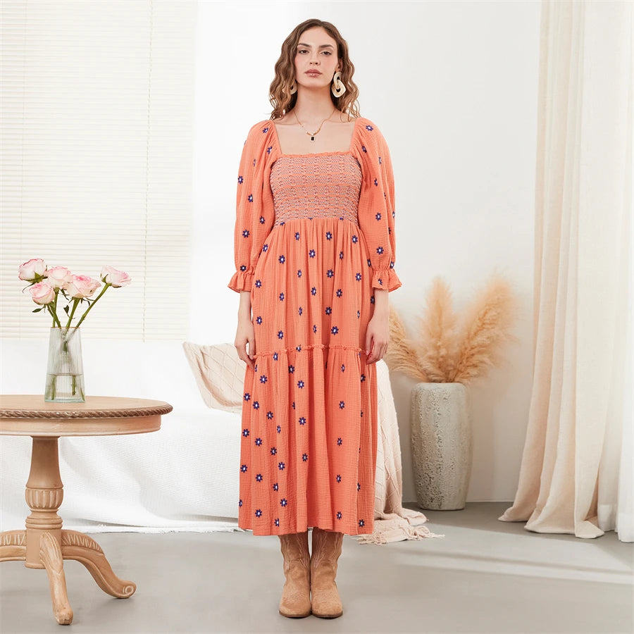 wsevypo Retro Embroidered Flowers Flowy Long Dress Women's Long Puff Sleeve Square Neck Smocked A-Line Dress for Beach Vacation