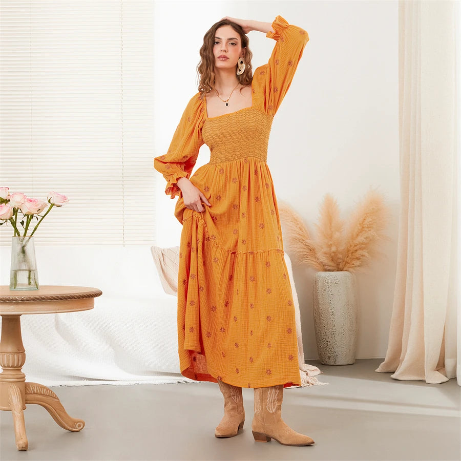 wsevypo Retro Embroidered Flowers Flowy Long Dress Women's Long Puff Sleeve Square Neck Smocked A-Line Dress for Beach Vacation