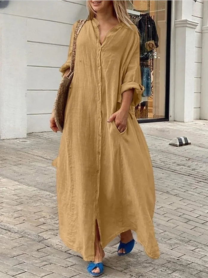 2025 Women's Casual Cotton Linen Long Dress Solid Long Sleeve Oversize Shirt Dresses Female Fashion Loose Ladies' Clothing Dress