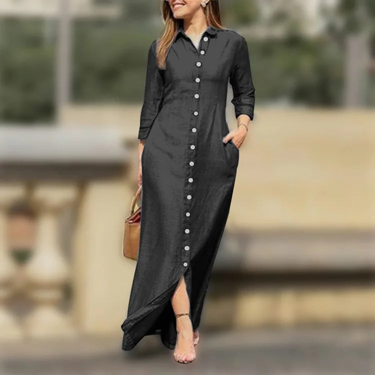 2025 New Dress Spring Summer Women's Plus Size Elegant Neutral Style Cotton Linen Long Dress Long Sleeved Lapel Solid Color