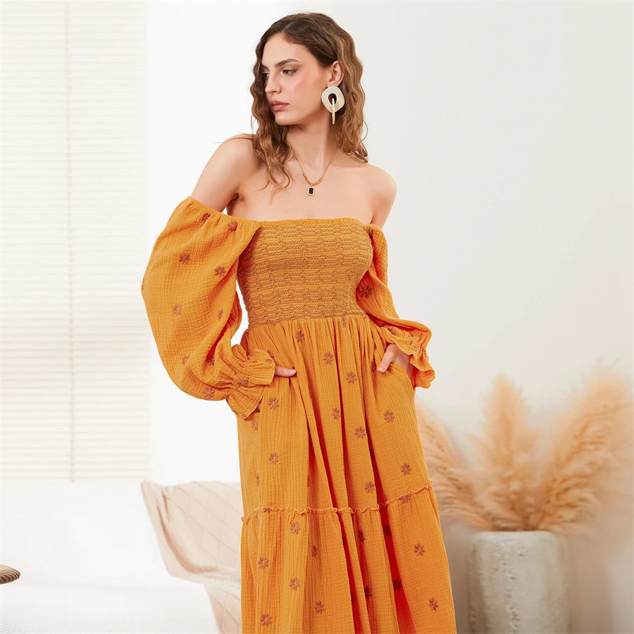 wsevypo Retro Embroidered Flowers Flowy Long Dress Women's Long Puff Sleeve Square Neck Smocked A-Line Dress for Beach Vacation