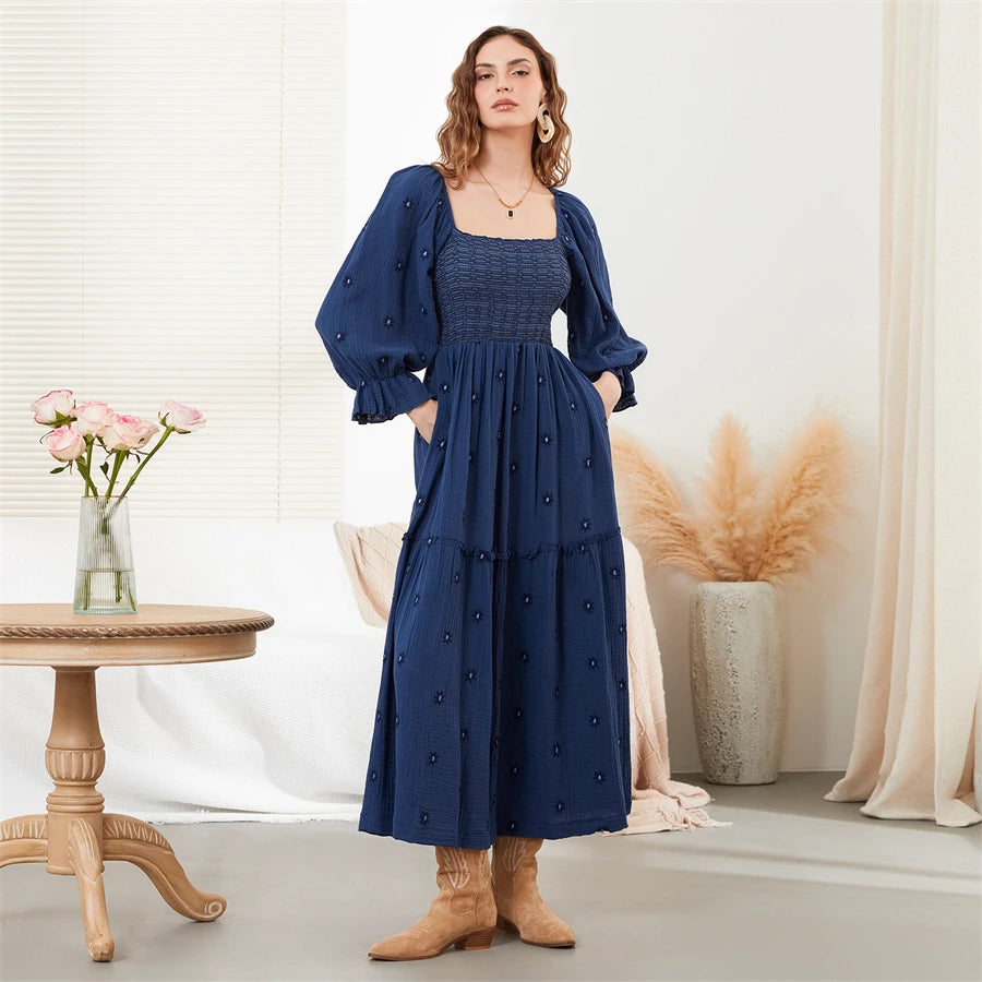 wsevypo Retro Embroidered Flowers Flowy Long Dress Women's Long Puff Sleeve Square Neck Smocked A-Line Dress for Beach Vacation