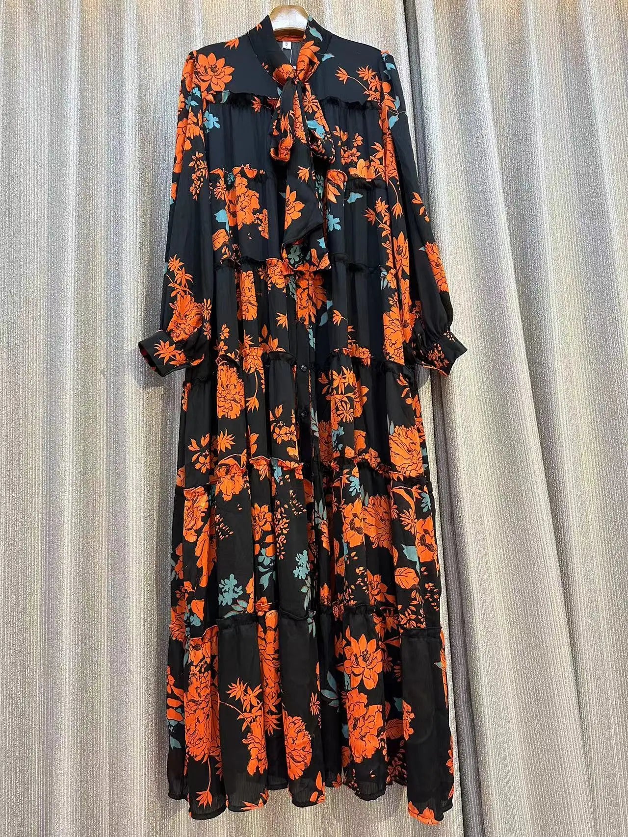 Print Pleated Single Breasted Retro For Women Bow Long Sleeve A-line Maxi Dresses Female Autumn Casual Vacation Party Long Dress
