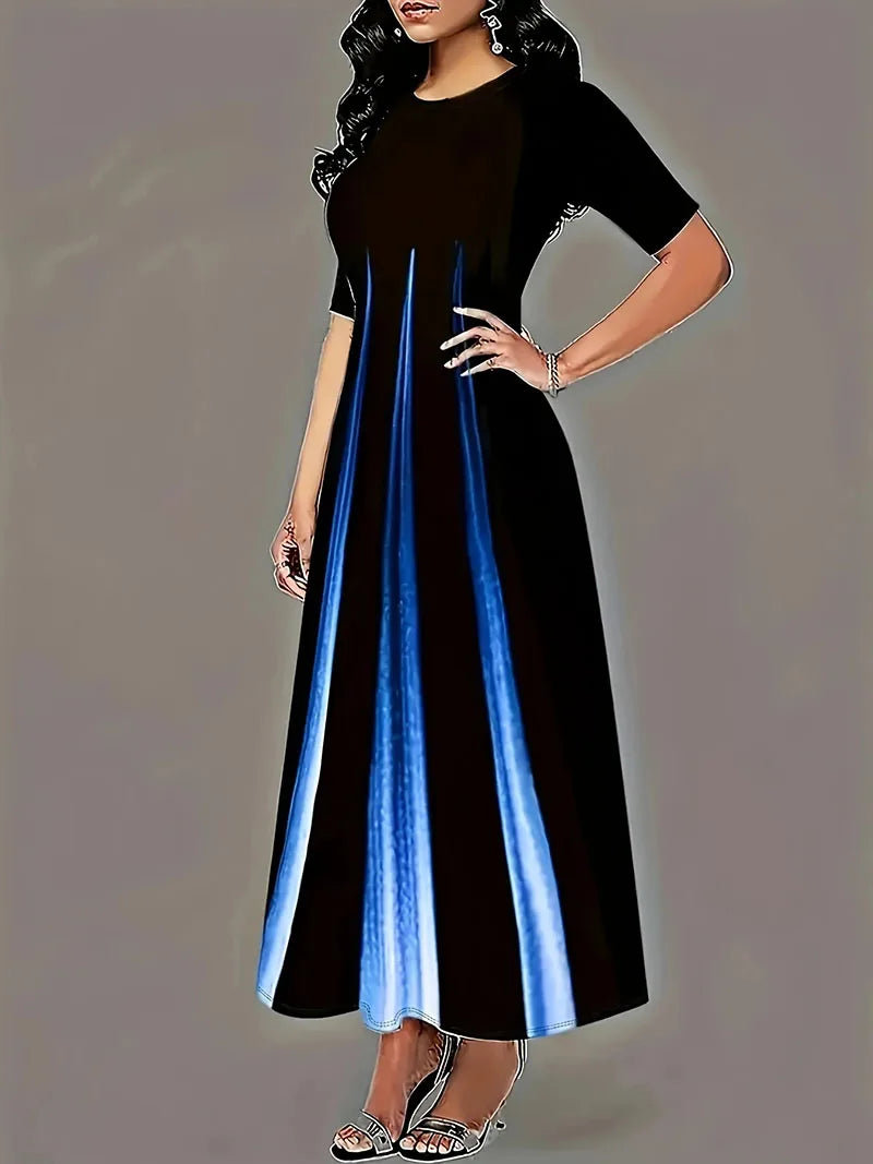 Summer New Round Neck Style Celebrity Printed Gradient Long Dress