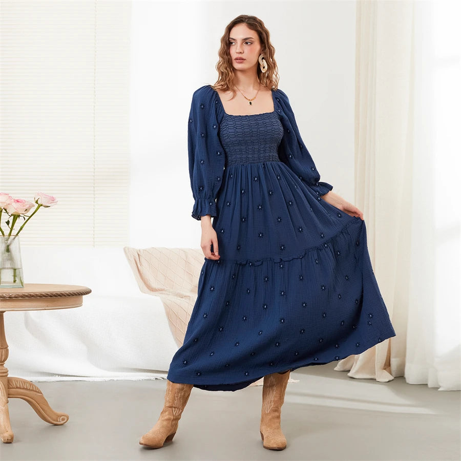 wsevypo Retro Embroidered Flowers Flowy Long Dress Women's Long Puff Sleeve Square Neck Smocked A-Line Dress for Beach Vacation