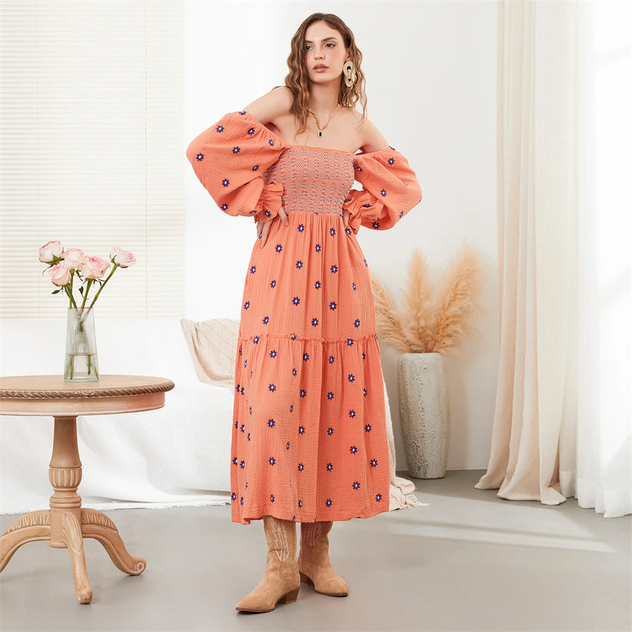 wsevypo Retro Embroidered Flowers Flowy Long Dress Women's Long Puff Sleeve Square Neck Smocked A-Line Dress for Beach Vacation