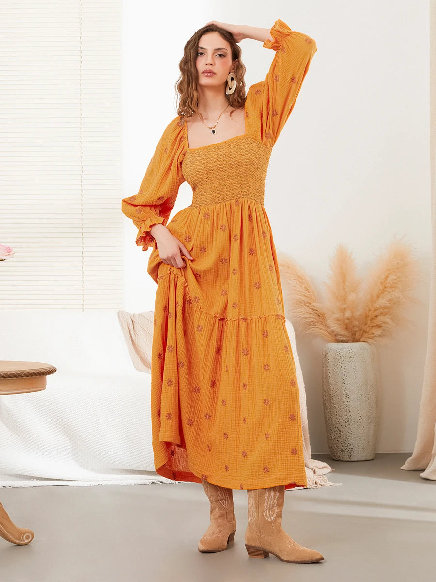 wsevypo Retro Embroidered Flowers Flowy Long Dress Women's Long Puff Sleeve Square Neck Smocked A-Line Dress for Beach Vacation