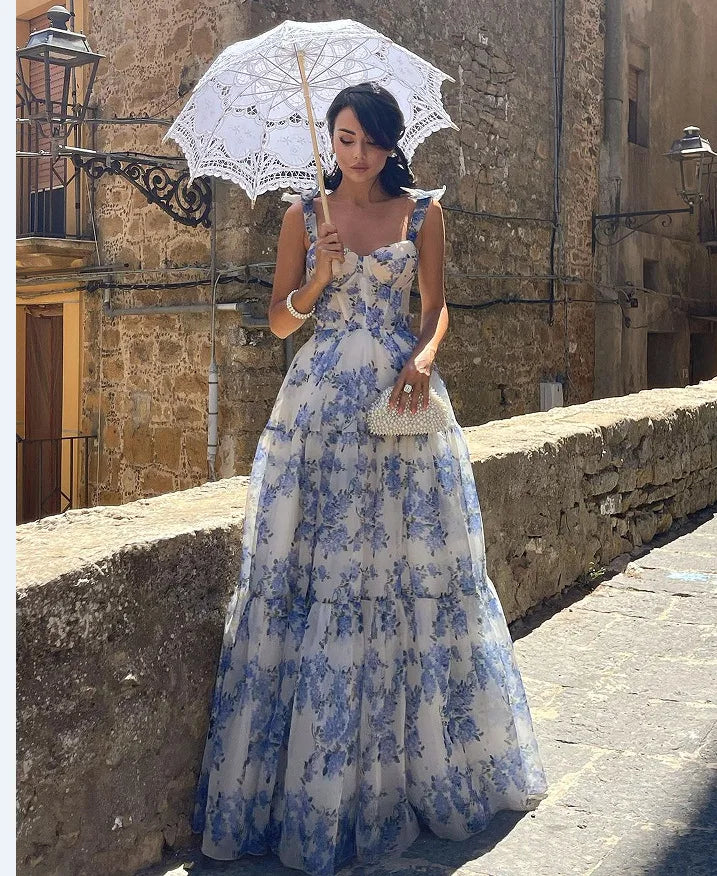 2025 Spring/Summer New European and American Off Shoulder Women's Fashion Organza Fairy Long Dress Elegant Evening Dress