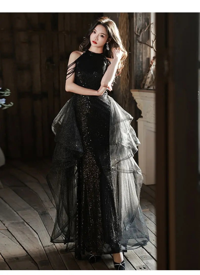 YOSIMI Women Evening Party Long Dress 2023 Summer Vintage Mesh Floor-Length Sleeveless Black Dress Trumpet Sexy Mermaid Vestido
