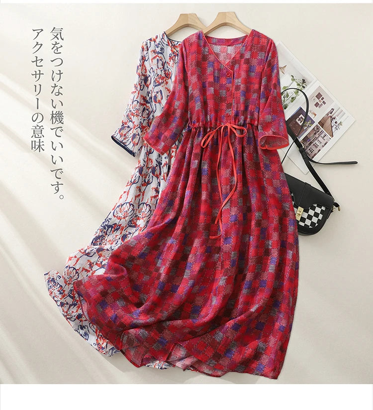 Vintage Single-breasted V-Neck Half Sleeve Women Dresses Literature Drawstring Pockets Ladies Long Dress Vestidos Para Mujer