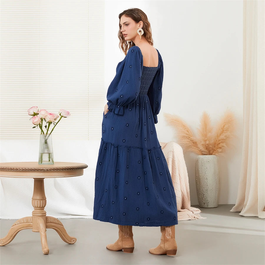 wsevypo Retro Embroidered Flowers Flowy Long Dress Women's Long Puff Sleeve Square Neck Smocked A-Line Dress for Beach Vacation