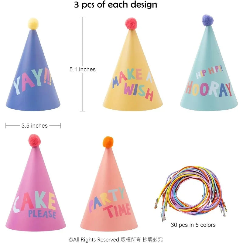 15Pcs Rainbow Party Hat with Pompom Ball Colorful Birthday Event Hat Tea Party Kids Pet Cone Festive Hat Birthday Party Supplies
