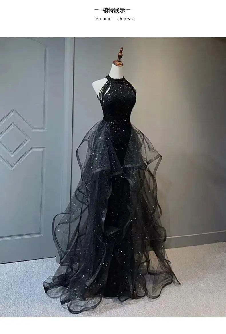 YOSIMI Women Evening Party Long Dress 2023 Summer Vintage Mesh Floor-Length Sleeveless Black Dress Trumpet Sexy Mermaid Vestido
