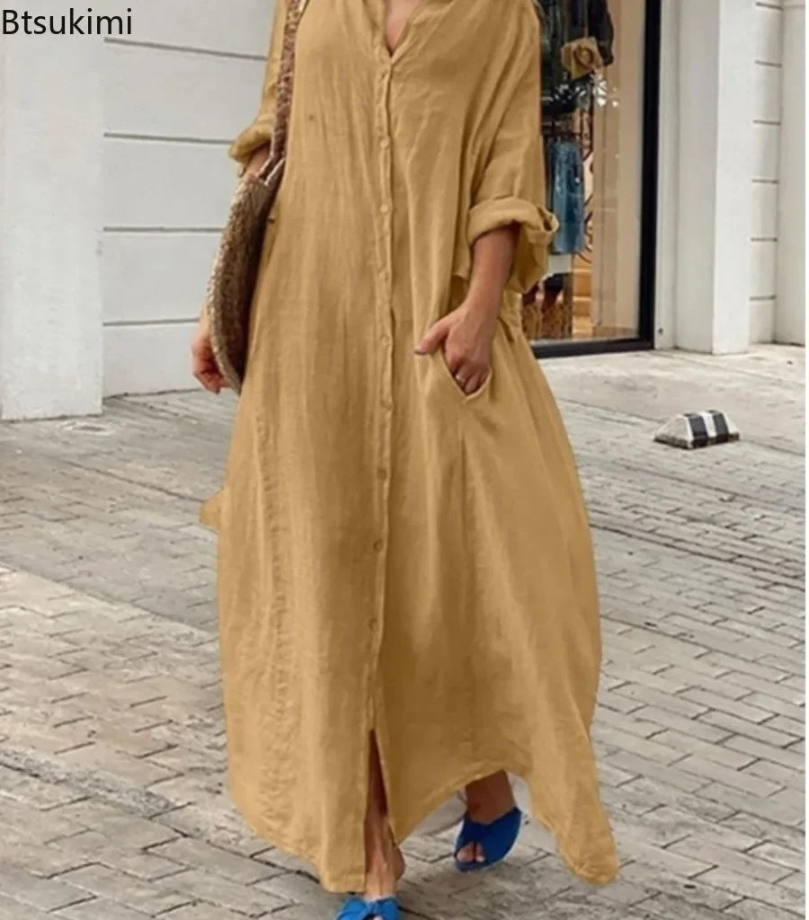 2025 Women's Casual Cotton Linen Long Dress Solid Long Sleeve Oversize Shirt Dresses Female Fashion Loose Ladies' Clothing Dress