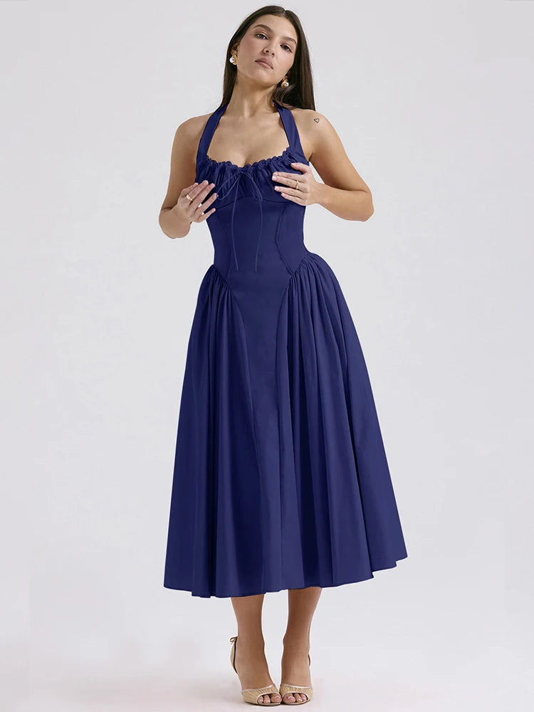 Townlike Waist Wrap Print A-line Elegant Midi Long Dress Women Halter 2024 Spring Summer Dress Backless Sexy Party Dresses