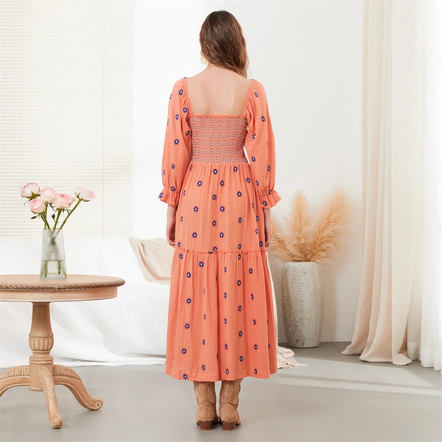wsevypo Retro Embroidered Flowers Flowy Long Dress Women's Long Puff Sleeve Square Neck Smocked A-Line Dress for Beach Vacation