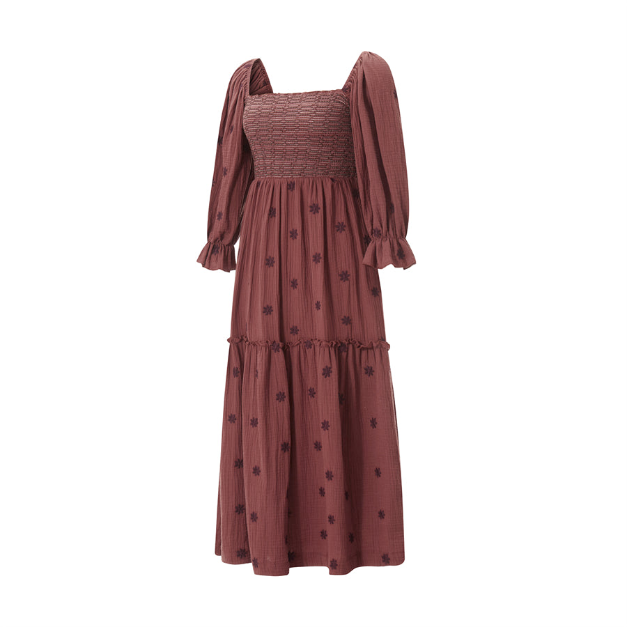 wsevypo Retro Embroidered Flowers Flowy Long Dress Women's Long Puff Sleeve Square Neck Smocked A-Line Dress for Beach Vacation