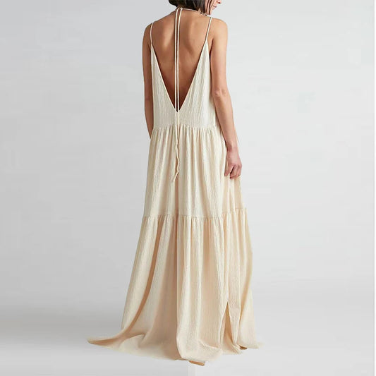 Women Casual Solid Pleat Irregular Long Dress Spring Sexy Double V Neck Backless Hollow Dress Summer Loose Lace-up Sling Dresses