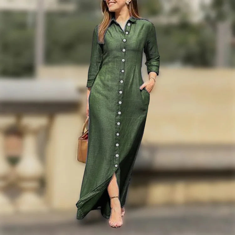 2025 New Dress Spring Summer Women's Plus Size Elegant Neutral Style Cotton Linen Long Dress Long Sleeved Lapel Solid Color