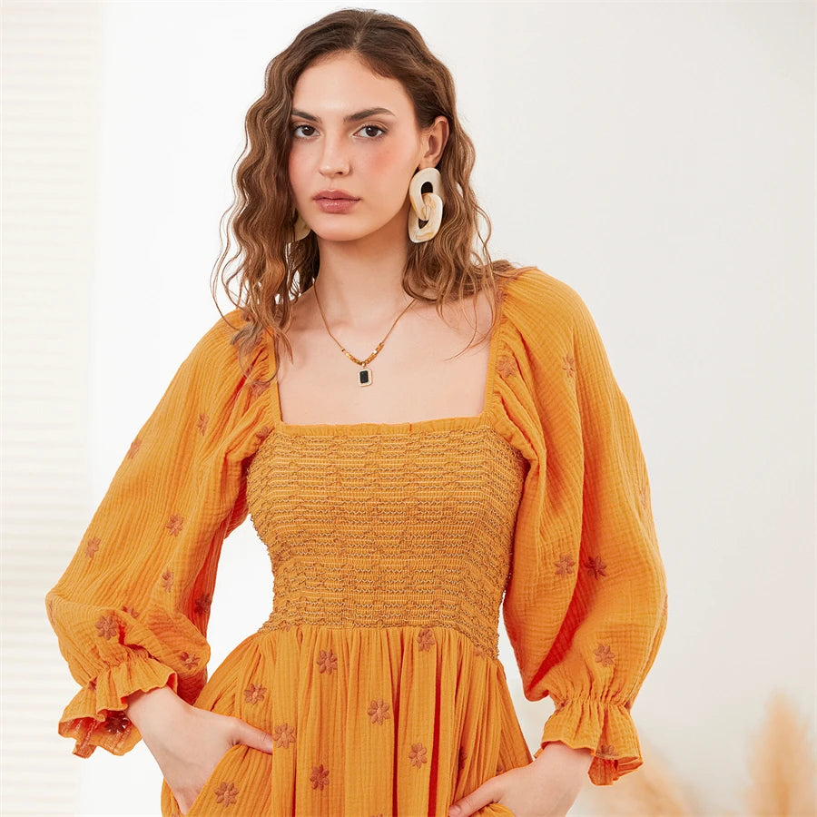wsevypo Retro Embroidered Flowers Flowy Long Dress Women's Long Puff Sleeve Square Neck Smocked A-Line Dress for Beach Vacation