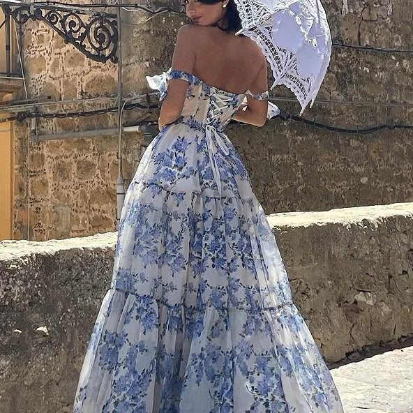 2025 Spring/Summer New European and American Off Shoulder Women's Fashion Organza Fairy Long Dress Elegant Evening Dress