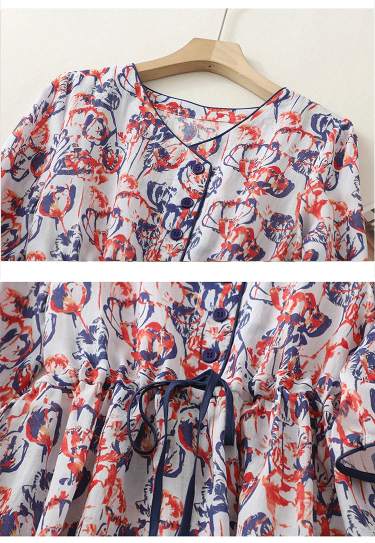 Vintage Single-breasted V-Neck Half Sleeve Women Dresses Literature Drawstring Pockets Ladies Long Dress Vestidos Para Mujer