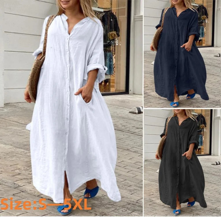 2025 Women's Casual Cotton Linen Long Dress Solid Long Sleeve Oversize Shirt Dresses Female Fashion Loose Ladies' Clothing Dress