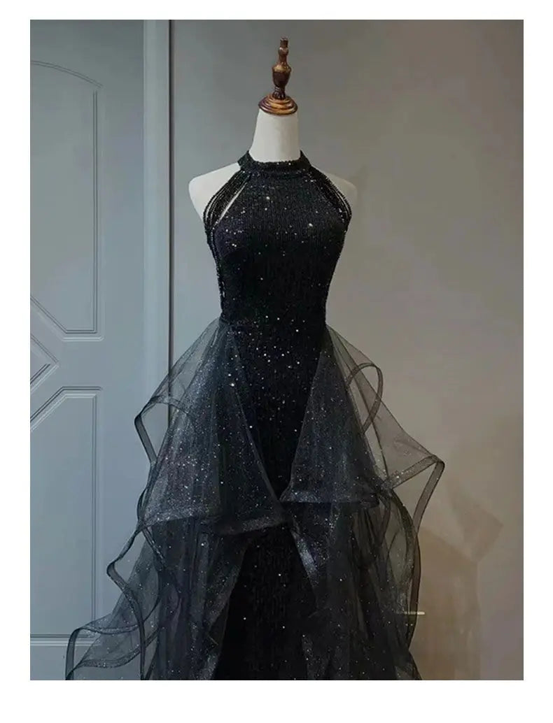 YOSIMI Women Evening Party Long Dress 2023 Summer Vintage Mesh Floor-Length Sleeveless Black Dress Trumpet Sexy Mermaid Vestido