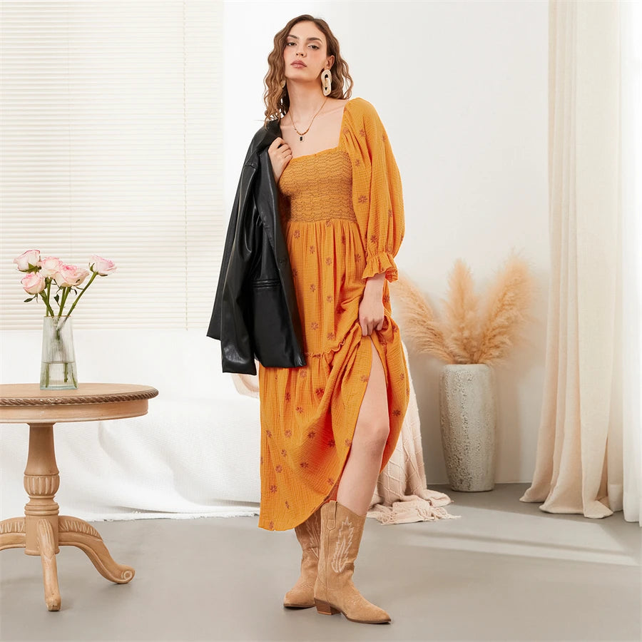 wsevypo Retro Embroidered Flowers Flowy Long Dress Women's Long Puff Sleeve Square Neck Smocked A-Line Dress for Beach Vacation