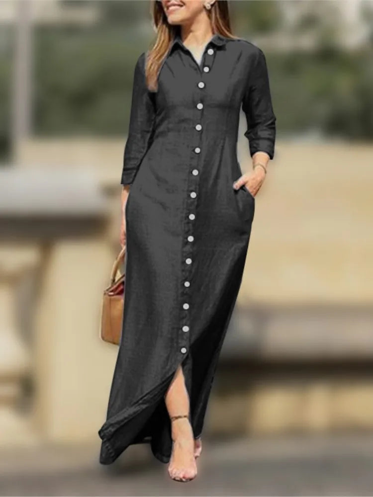 2025 New Dress Spring Summer Women's Plus Size Elegant Neutral Style Cotton Linen Long Dress Long Sleeved Lapel Solid Color