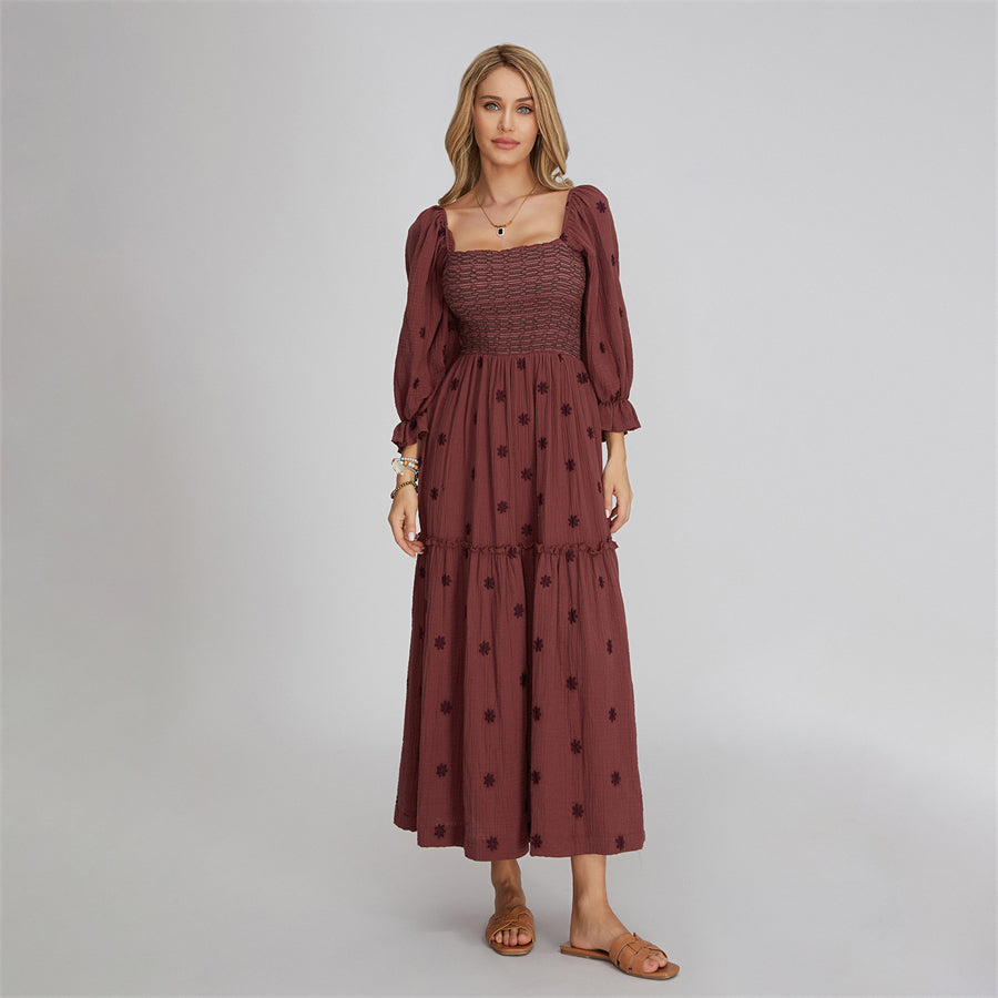 wsevypo Retro Embroidered Flowers Flowy Long Dress Women's Long Puff Sleeve Square Neck Smocked A-Line Dress for Beach Vacation