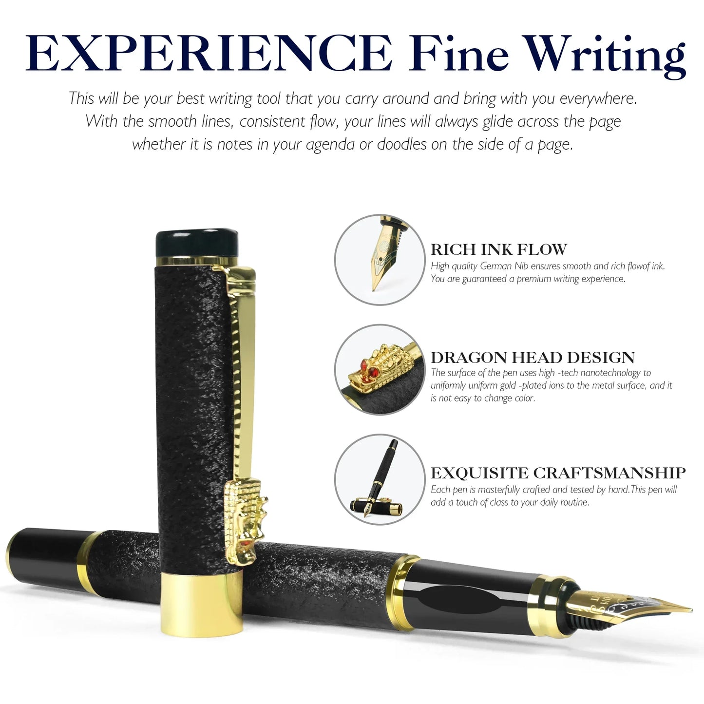 STONEGO Luxury Dragon Crystal Diamond Fountain Pen for Business Office Signature Metal Writing Tool