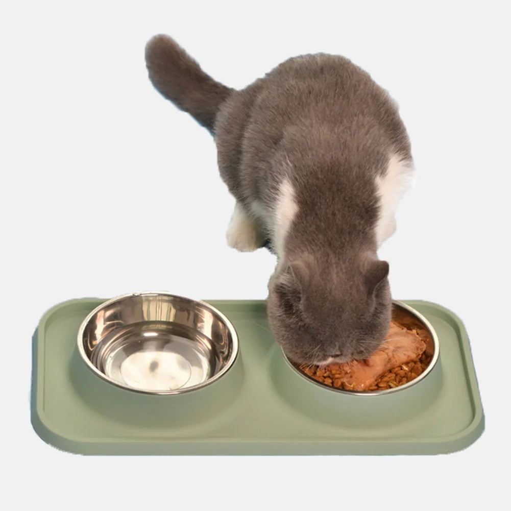 Double Dog Bowl With Silicone Mat Non-Slip Cat Bowl Stainless Steel Water Food Feeder Pet Feeding Drinking Bowls for Dogs Cats