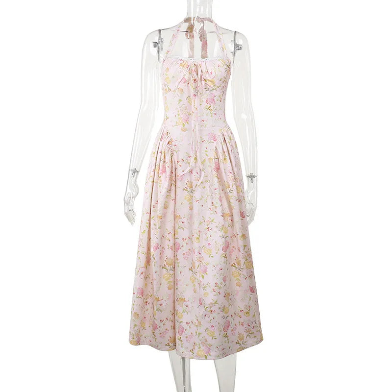 Townlike Waist Wrap Print A-line Elegant Midi Long Dress Women Halter 2024 Spring Summer Dress Backless Sexy Party Dresses