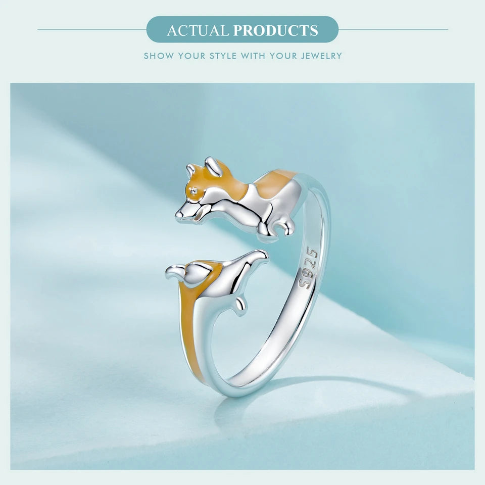 WOSTU 925 Sterling Silver Cute Yellow Corgi Dog Pet Opening Ring Girl Daily Wear Animal Adjustable Rings Gift For family Daugter