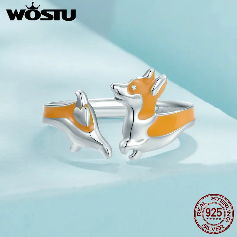 WOSTU 925 Sterling Silver Cute Yellow Corgi Dog Pet Opening Ring Girl Daily Wear Animal Adjustable Rings Gift For family Daugter