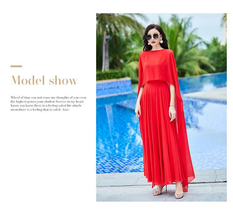 Shawl Dress Suit/Sun Protection Women Chiffon Dress Mother And Dress Two Piece Suit Bohemian Big Swing Long Dress Holiday Dress