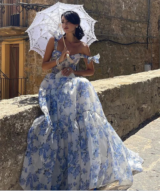 2025 Spring/Summer New European and American Off Shoulder Women's Fashion Organza Fairy Long Dress Elegant Evening Dress