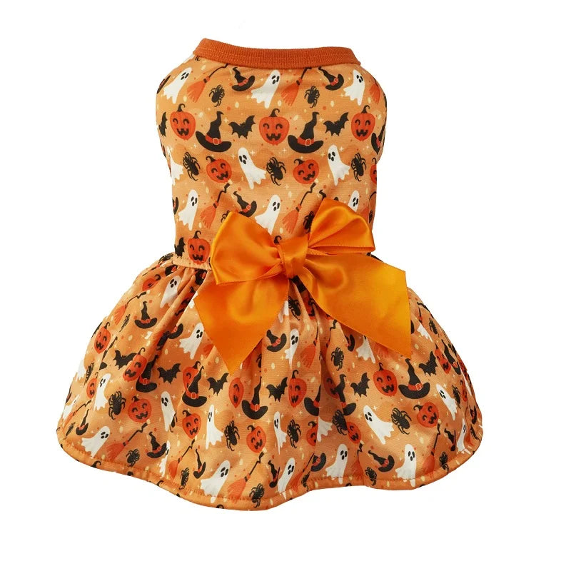Halloween Dog Clothes  Funny Pet Dress Pumpkin Print Dress Chihuahua Yorkie Bow Mesh Dress Pet Party Clothing Cat Dog Costume
