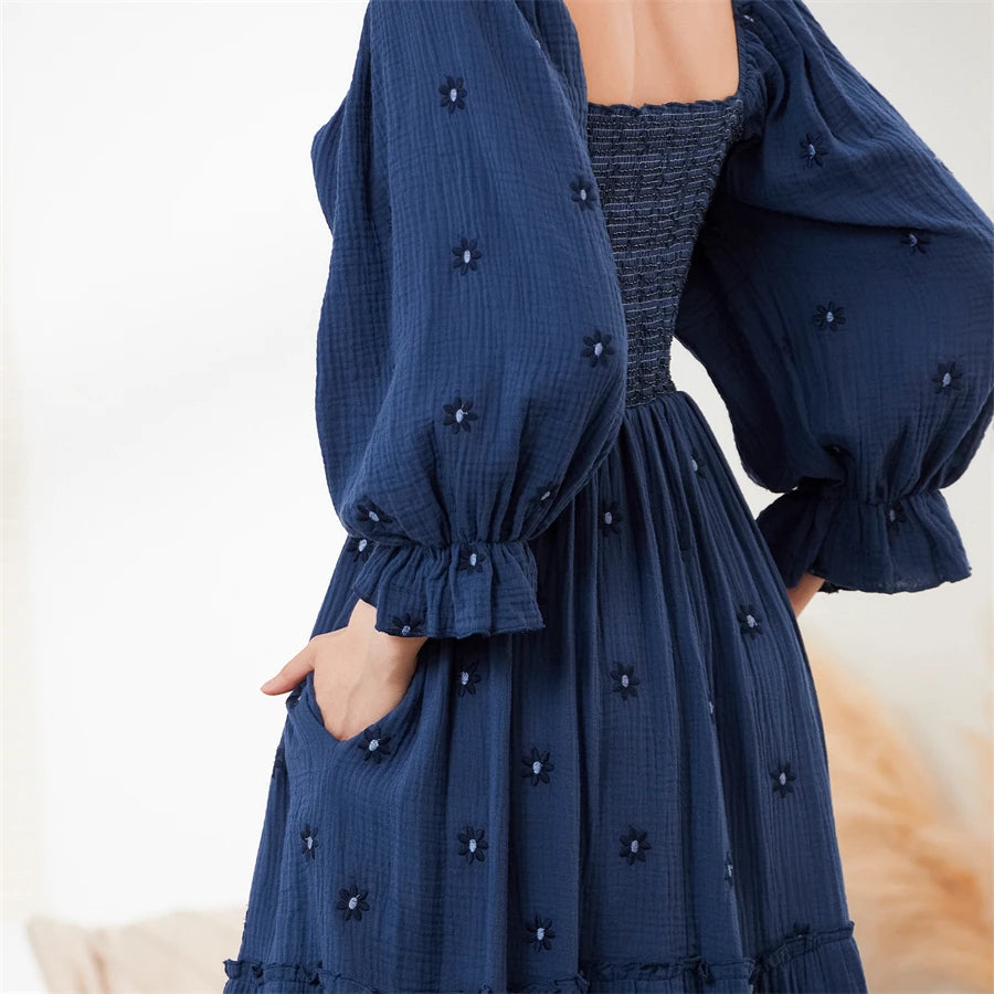 wsevypo Retro Embroidered Flowers Flowy Long Dress Women's Long Puff Sleeve Square Neck Smocked A-Line Dress for Beach Vacation