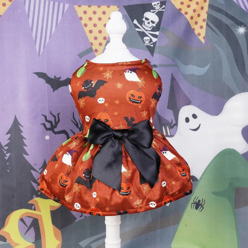 Halloween Dog Clothes  Funny Pet Dress Pumpkin Print Dress Chihuahua Yorkie Bow Mesh Dress Pet Party Clothing Cat Dog Costume