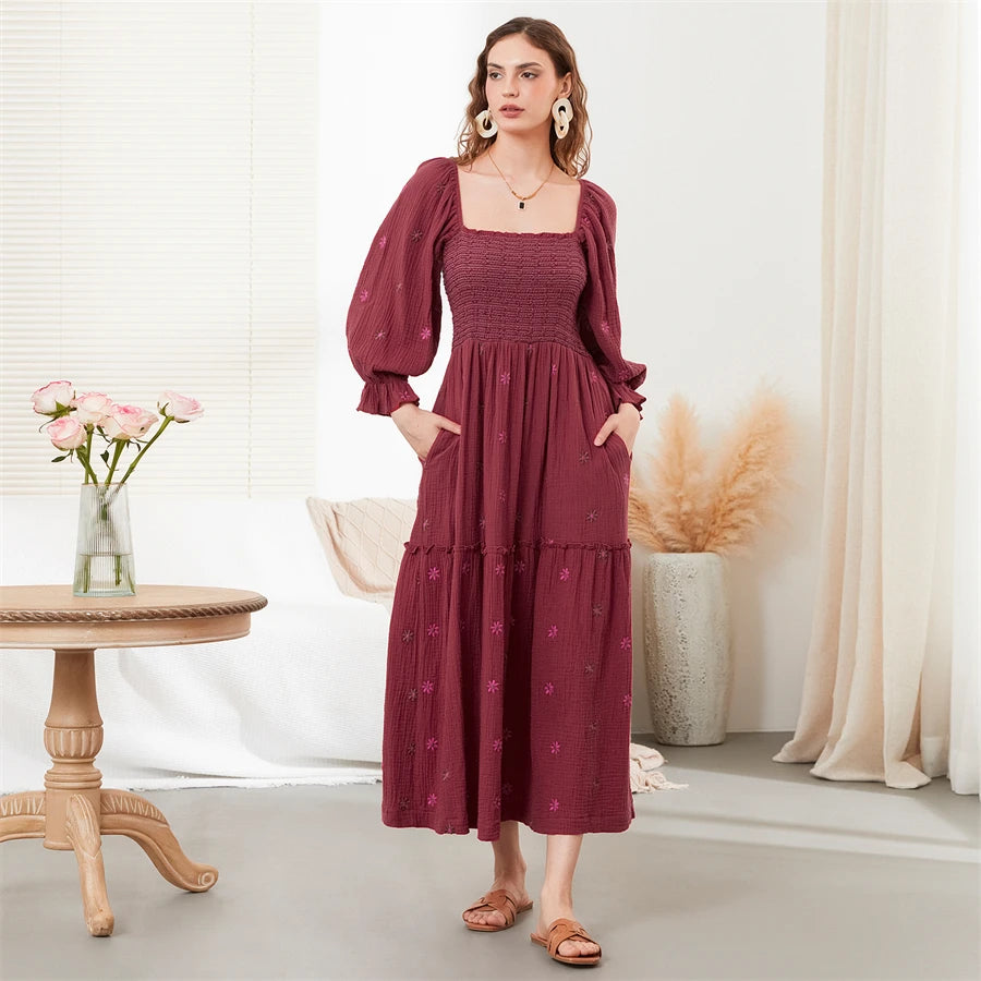 wsevypo Retro Embroidered Flowers Flowy Long Dress Women's Long Puff Sleeve Square Neck Smocked A-Line Dress for Beach Vacation