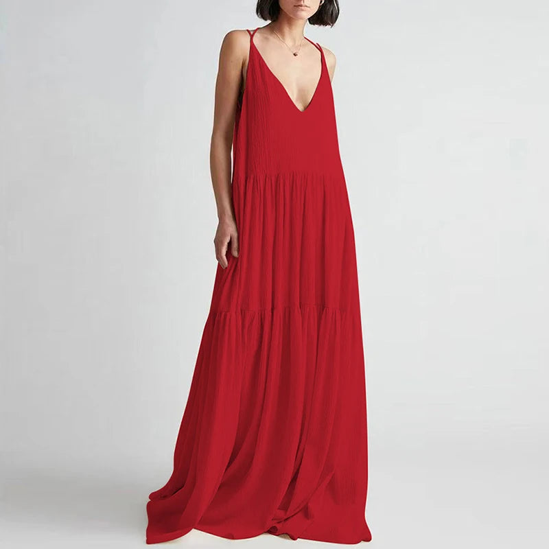Women Casual Solid Pleat Irregular Long Dress Spring Sexy Double V Neck Backless Hollow Dress Summer Loose Lace-up Sling Dresses
