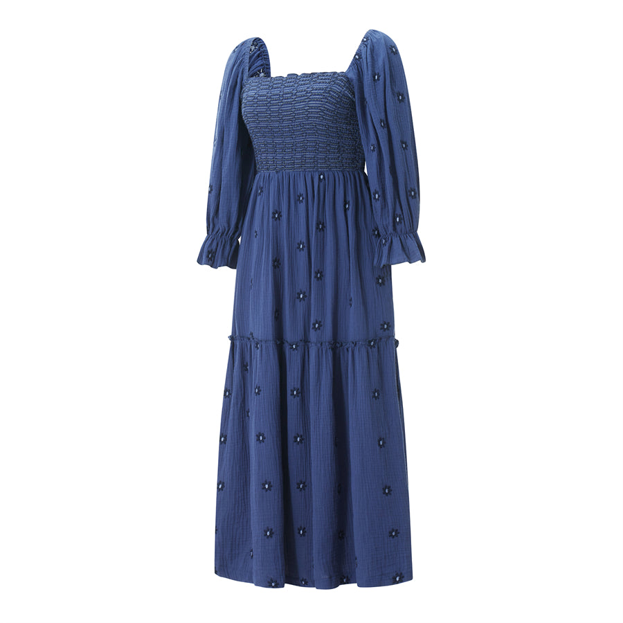 wsevypo Retro Embroidered Flowers Flowy Long Dress Women's Long Puff Sleeve Square Neck Smocked A-Line Dress for Beach Vacation