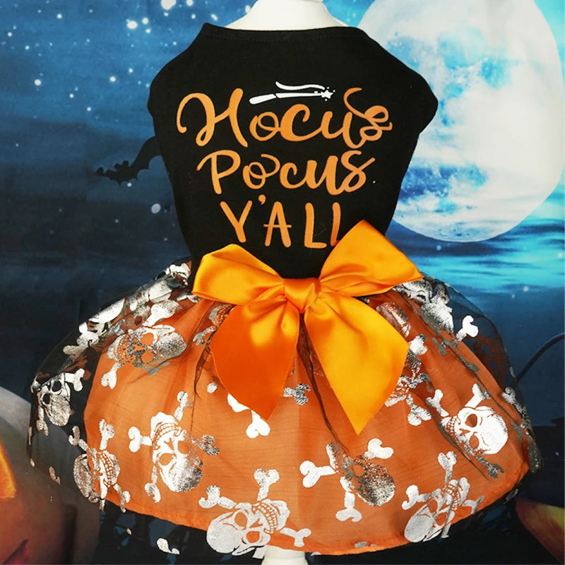 Halloween Dog Clothes  Funny Pet Dress Pumpkin Print Dress Chihuahua Yorkie Bow Mesh Dress Pet Party Clothing Cat Dog Costume